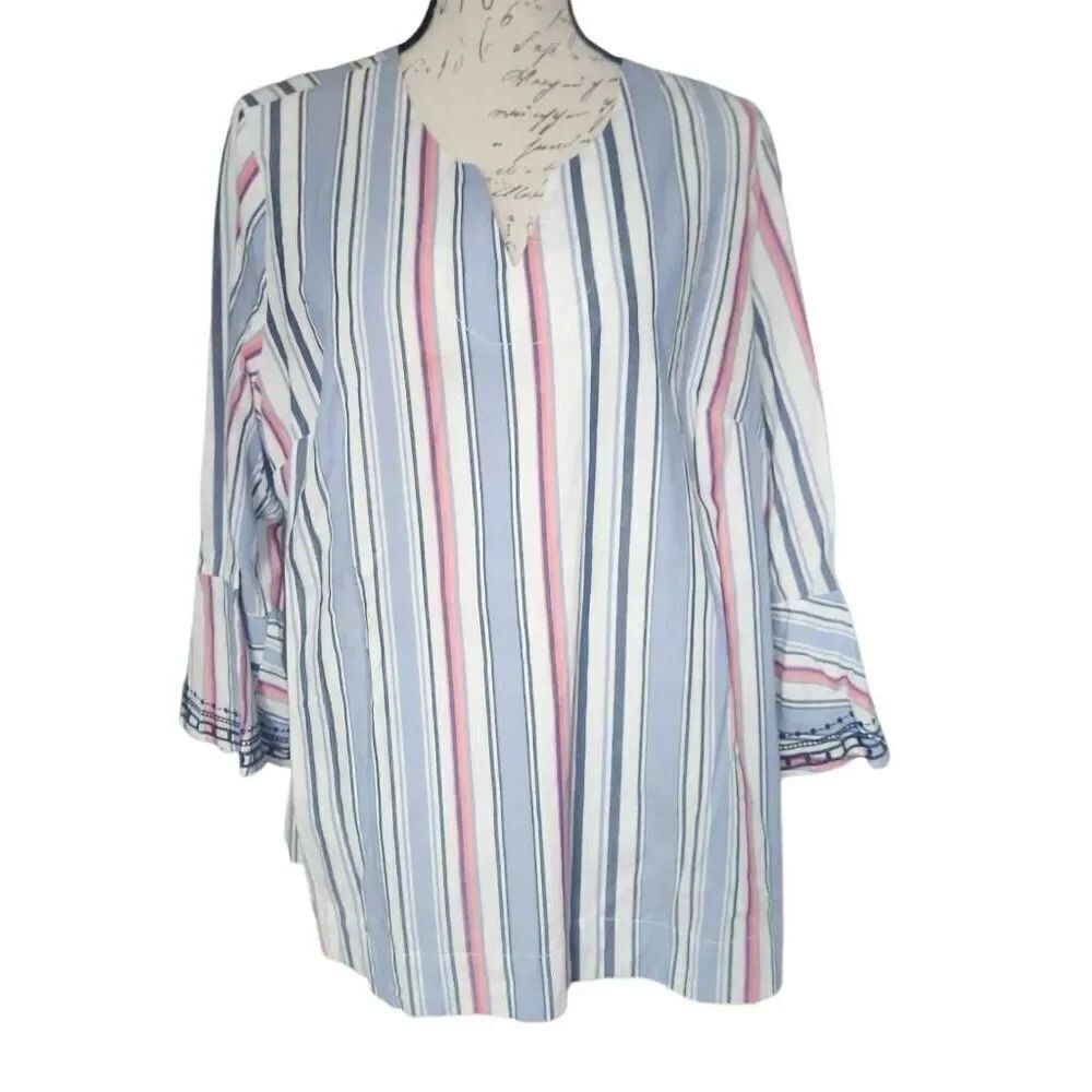 Westbound Woman Ladies Size 1X Blue White Pink Striped Flared 3/4 Sleeve Blouse